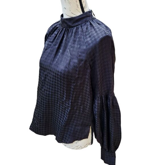 Veronica Beard NWT Cicely Silk-satin Blouse Long Sleeve Black Houndstooth Size 6 - Picture 4 of 11